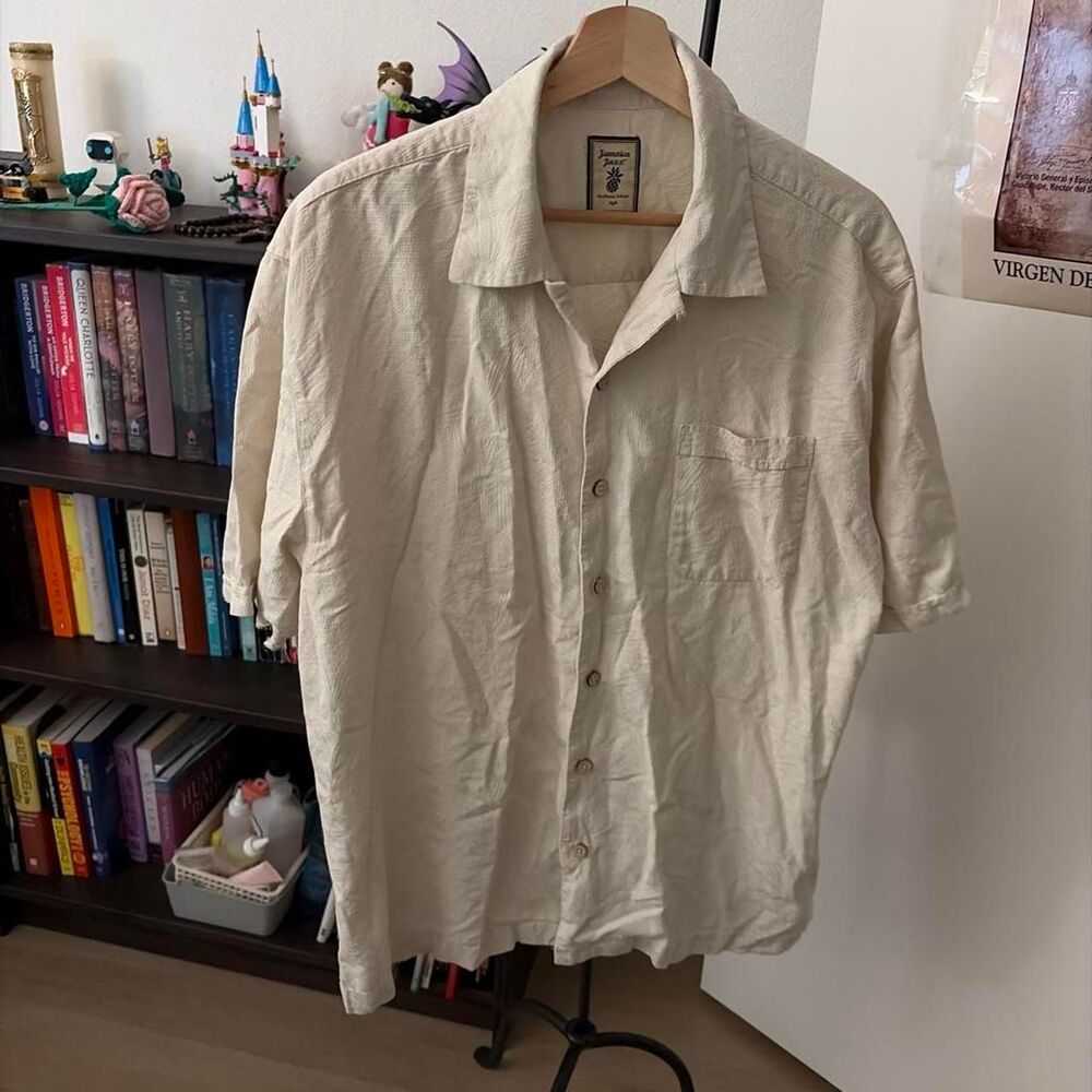 Jamaica Jaxx 100% Silk Camp Shirt Mens Large Beige Hawaiian Button Up